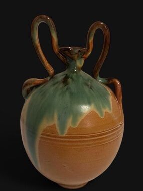 Vtg Spanish Botijo Clay Water Jug ArtNouveau Green Drip Glaze 4 Handles Vase 8”